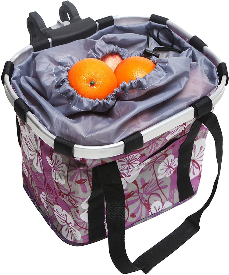 Multi Purpose Purple Floral Bicycle Basket Carrier with Drawstring Closure and Top Handles-MyGift