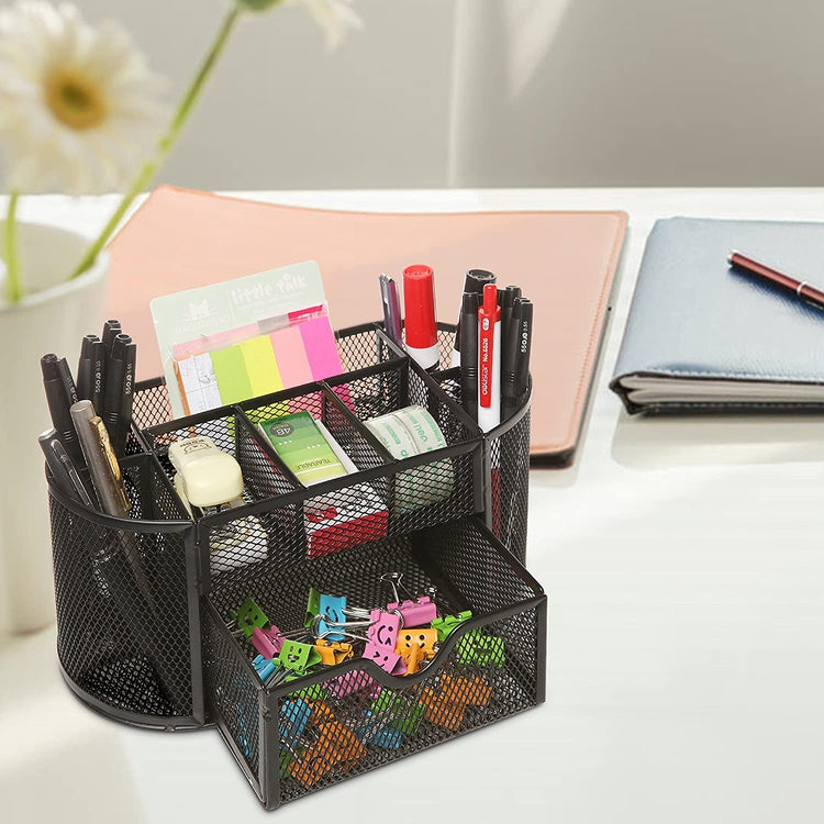 Black Metal Desktop Organizer, Wire Mesh Office Supply Caddy with Drawer & 8 Compartments-MyGift