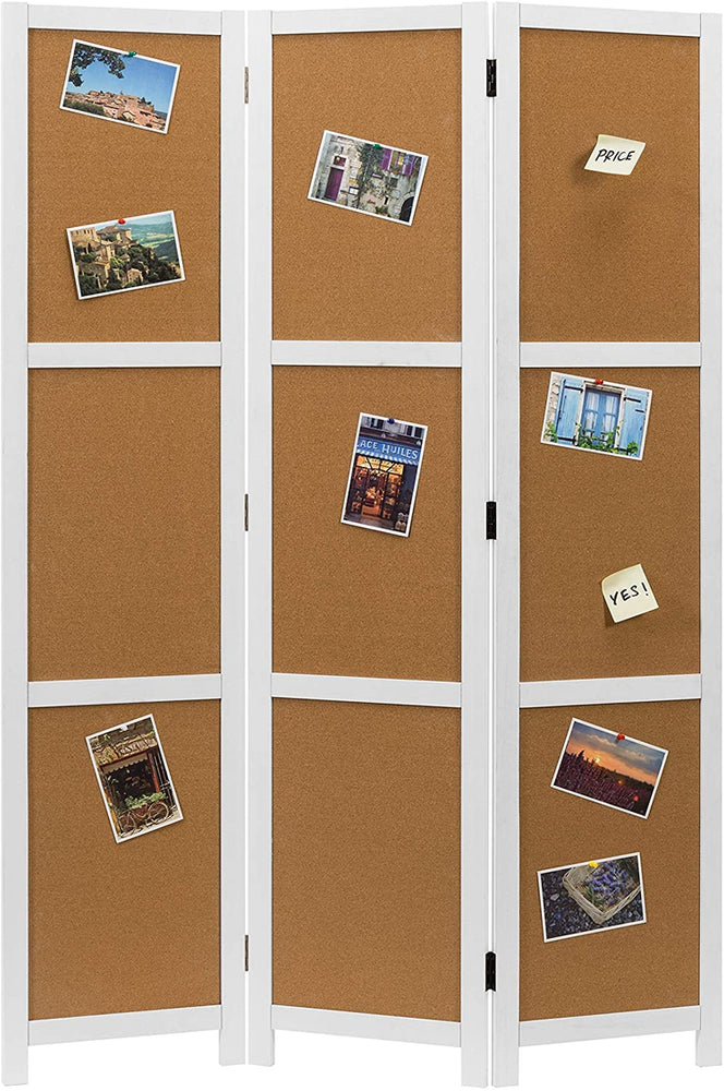 3 Panel Corkboard Style White Wood Framed Folding Room Divider-MyGift