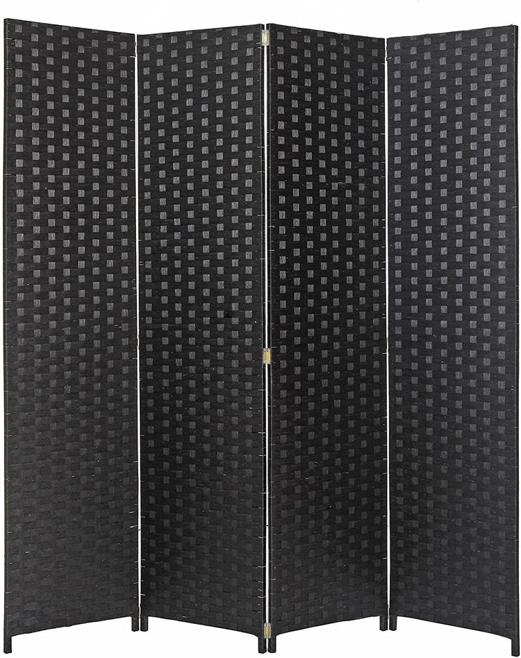 Black 4 Panel Hinged Room Divider, Woven Paper Rattan Privacy Screens-MyGift