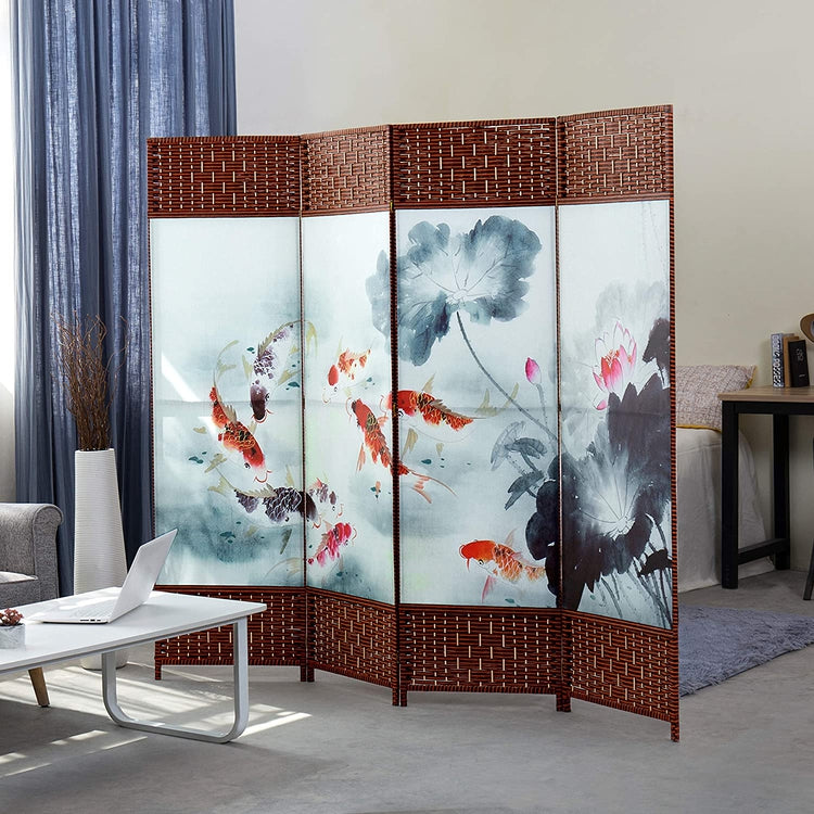 4 Panel Asian Koi Fish & Lotus Pond Woven Wood Room Divider-MyGift