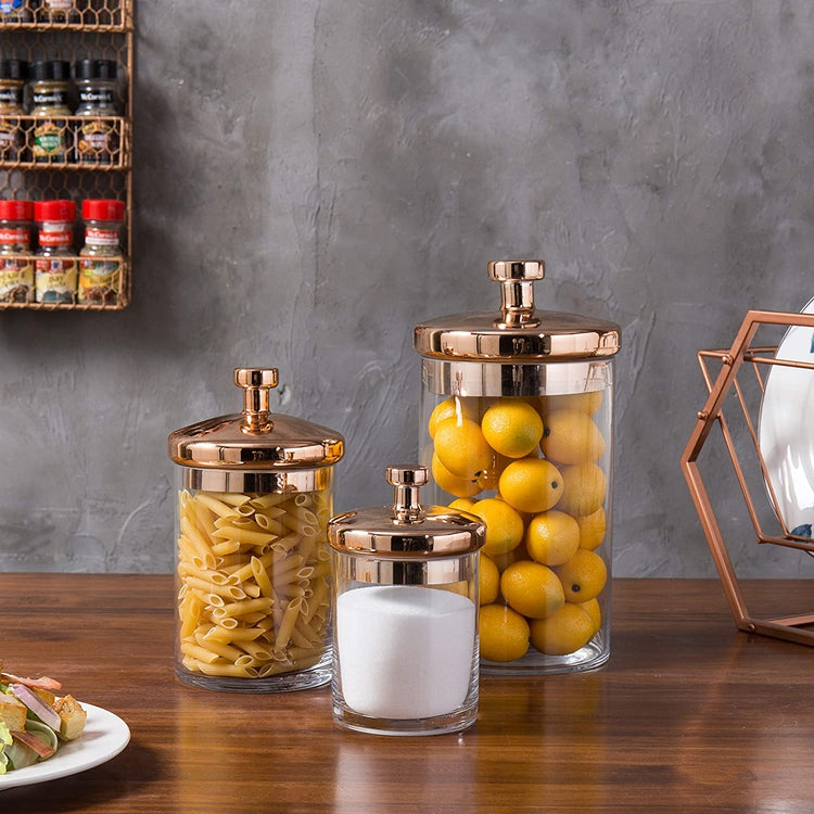 Set of 3 Clear Glass & Copper-Toned Metallic Kitchen & Bathroom Storage Containers Terrarium Jars-MyGift
