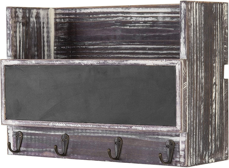 Torched Wood Mail Holder Office Organizer with 4 Key Hooks & Wall Mounted Chalkboard-MyGift