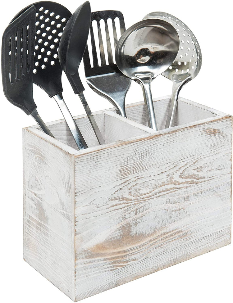 2-Compartment Whitewashed Wood Cooking Utensil Holder-MyGift