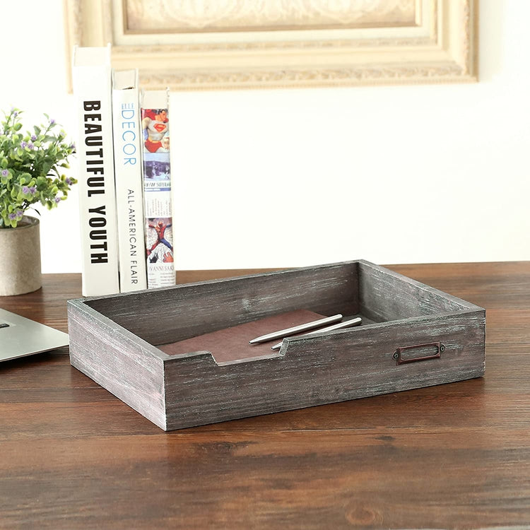 Rustic Brown Wood Stackable Office Document Tray Desktop File Paper Bin with Metal Label Holder-MyGift
