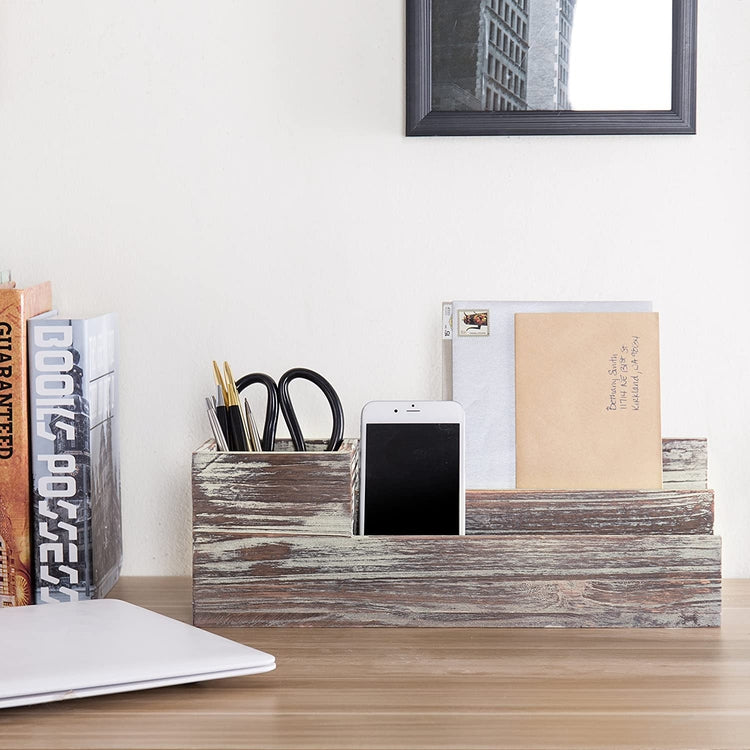 Rustic Torched Wood Desktop Office Supplies Caddy & 2 Slot Mail Organizer-MyGift