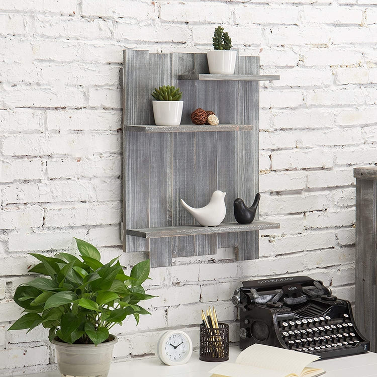3 Tier Vintage Gray Wood Staggered Shelves, Wall Mounted Shelves for Organization-MyGift