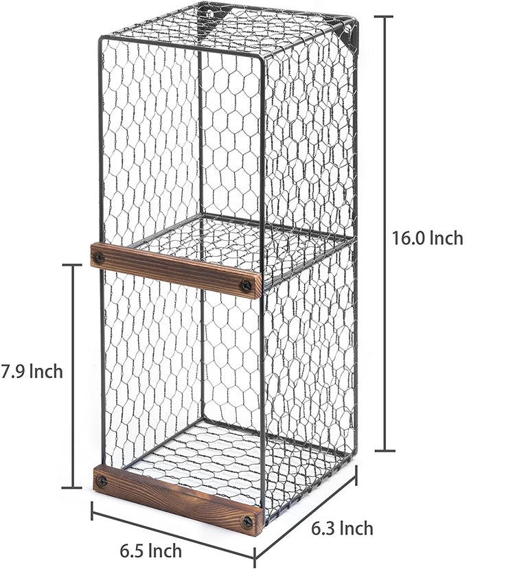 Set of 2, 2-Tier Black Chicken Wire Metal Hanging Wall Shelves for Storage with Wood Ledges, Freestanding Basket Bins-MyGift