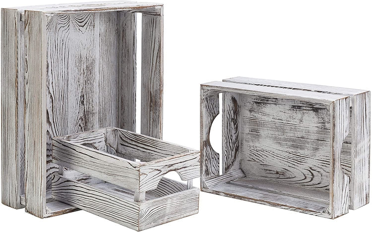 Set of 3, 16 x 12 Inch Nesting Rustic Whitewashed Wood Storage & Accent Crates-MyGift