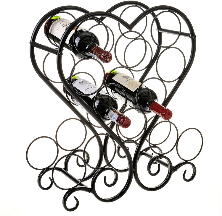 Black Heart-Shaped Metal Countertop 12-Bottle Wine Rack Holder with Scrollwork Design-MyGift
