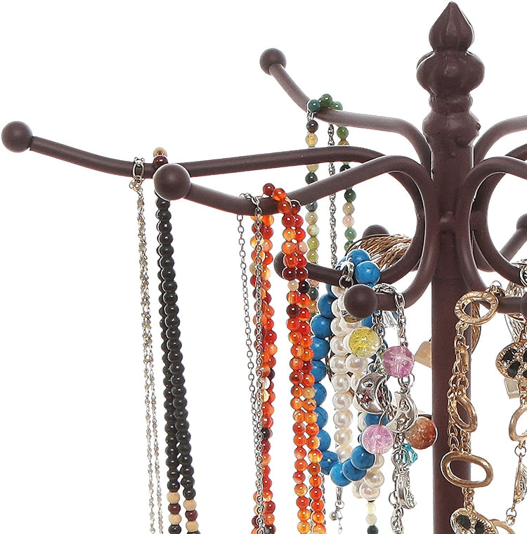 Brown 12 Hook Metal Jewelry Organizer Tree with Ring Dish Tray, Vintag