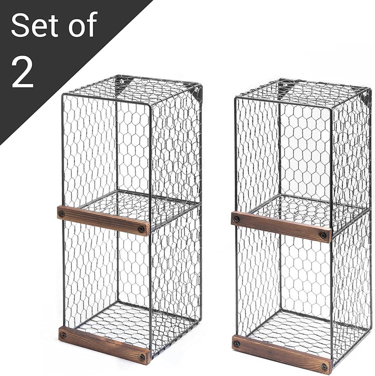 Set of 2, 2-Tier Black Chicken Wire Metal Hanging Wall Shelves for Storage with Wood Ledges, Freestanding Basket Bins-MyGift