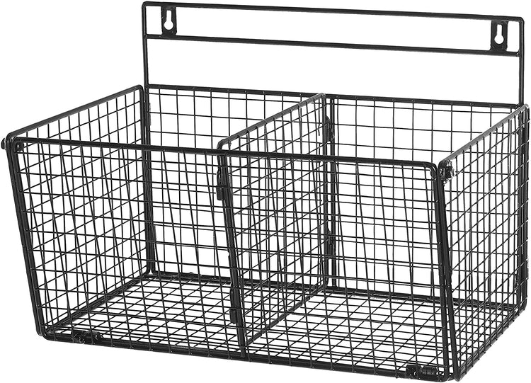 Black Wall Mounted Storage Rack, 2 Compartment Wire Organizer Basket-MyGift