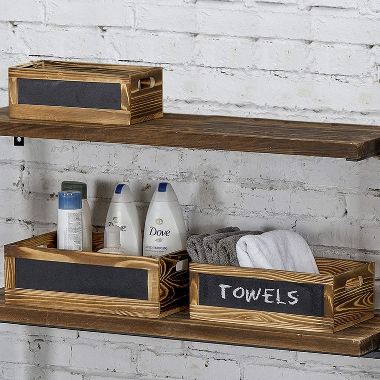 Set of 3 Rustic Burnt Wood Nesting Storage Crates with Chalkboard Panels-MyGift