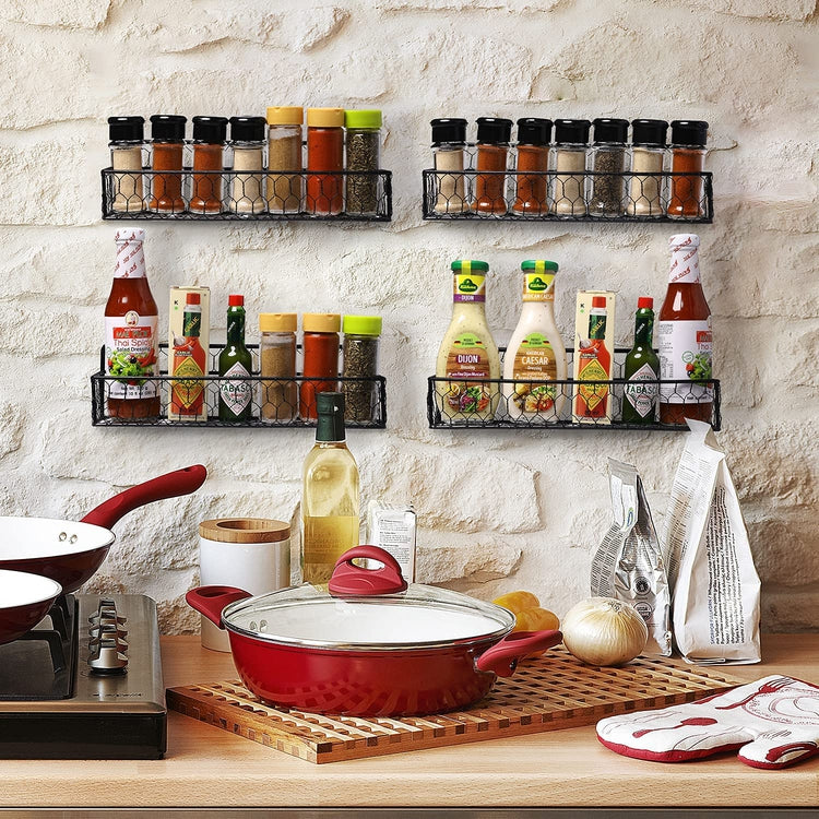 Set of 4, 12-inch Black Chicken Wire Wall Mounted Spice Rack, Kitchen Storage Shelves-MyGift