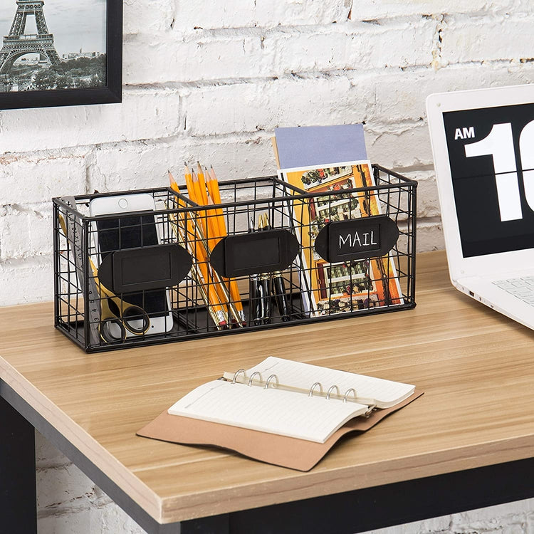 Black Metal Wall Mounted 3 Compartment Storage Basket, Flatware Organizer with Chalkboard Labels-MyGift