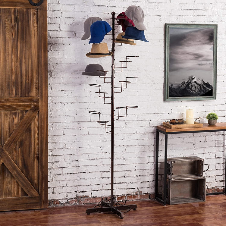 Dark Brown Metal Freestanding Retail Display Stand with 20 Circular Hooks for Hats and Wigs-MyGift
