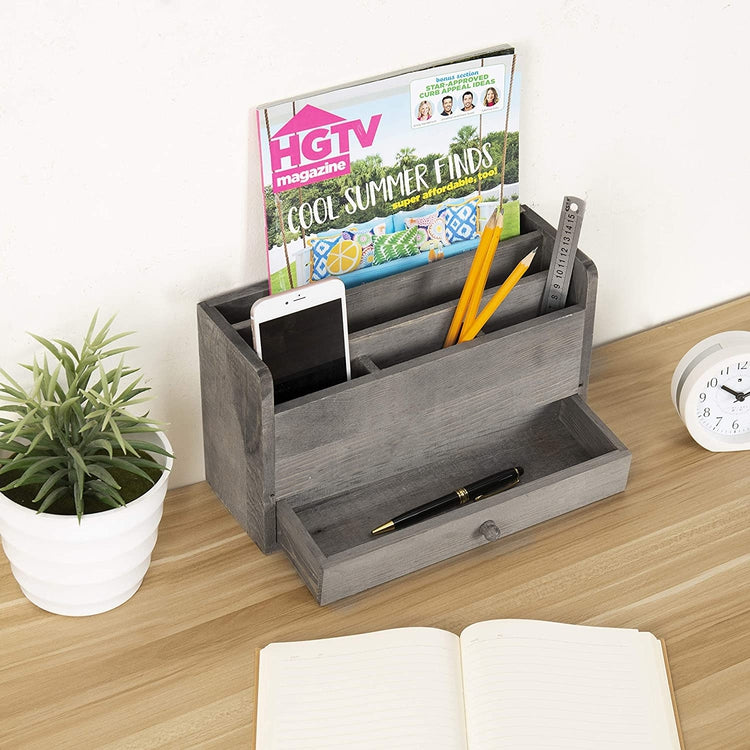 Rustic Gray Wood Desk Organizer & Office Document Storage with Pull Out Drawer-MyGift