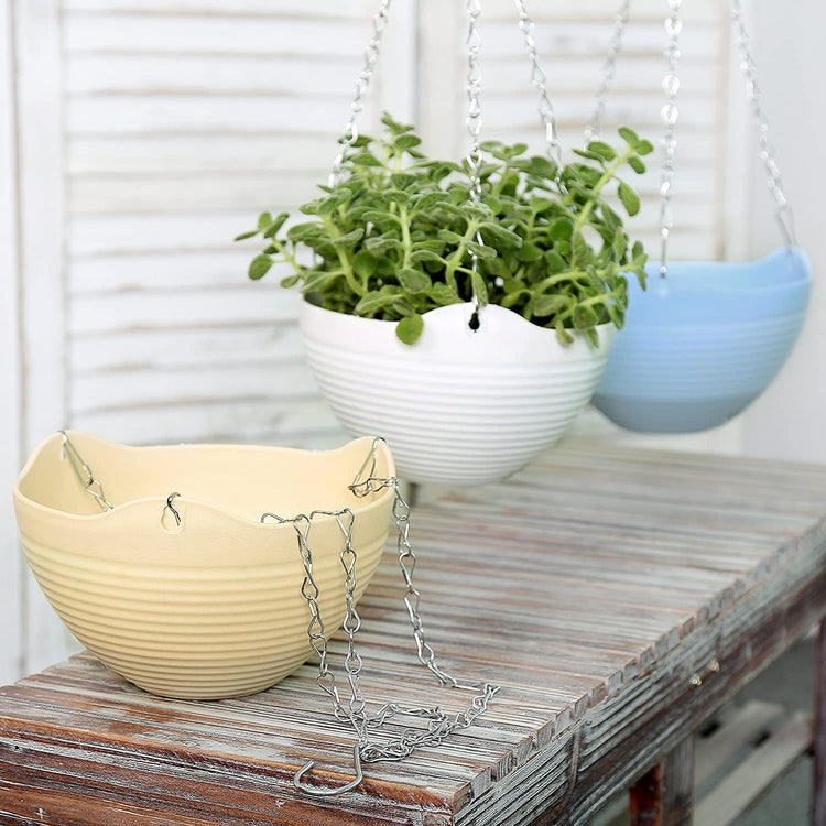 Set of 3, Multi Colored Self-Watering Flower Pot, Hanging Planter with Chain (Blue, Yellow, White)-MyGift