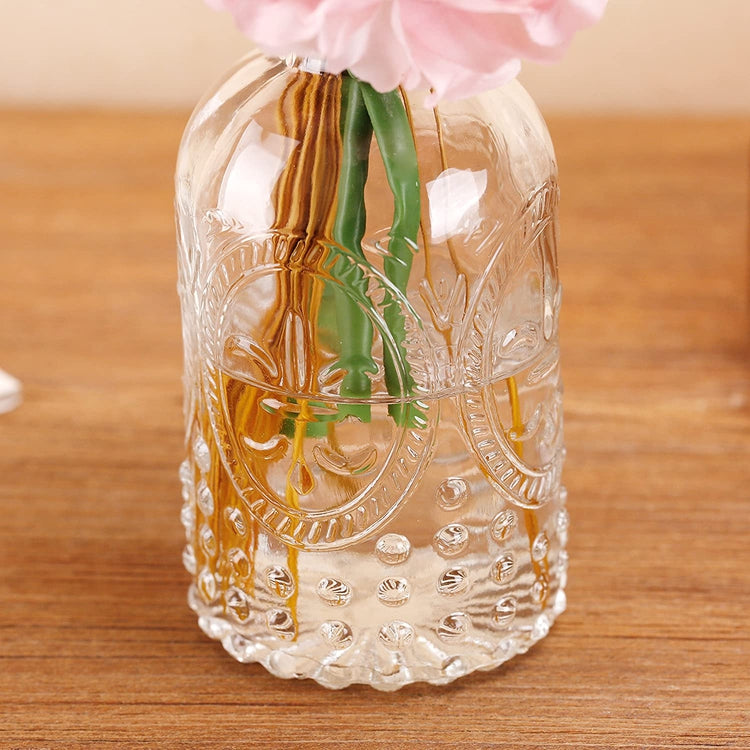 Set of 4, Vintage Embossed Fleur De Lis Glass Bottles with Cork Lid, Apothecary Clear Flower Vases-MyGift