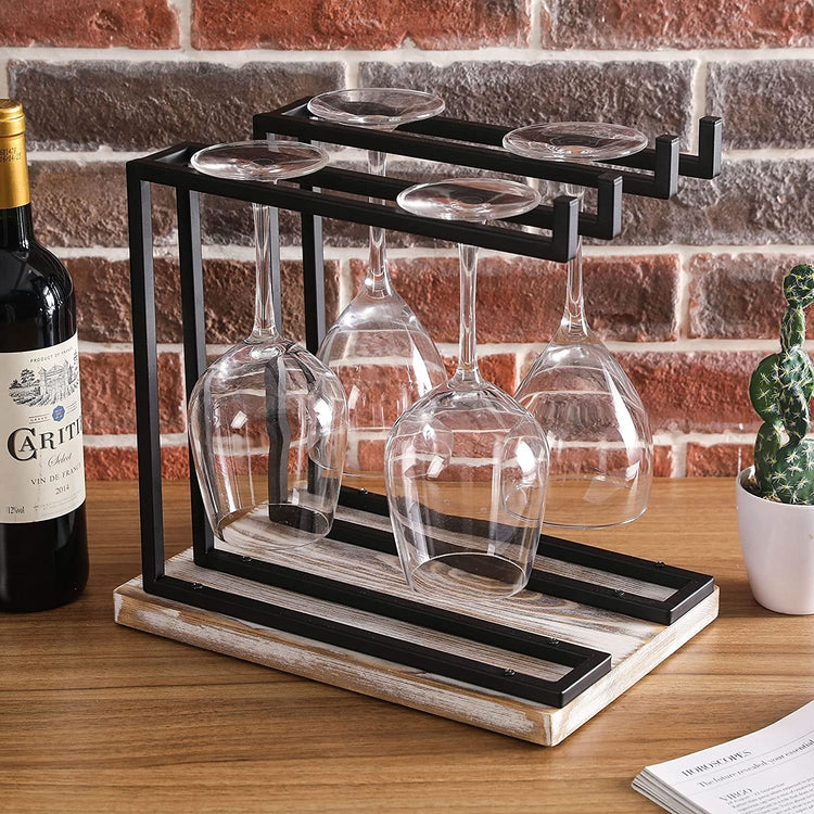 Industrial Metal Tabletop Wine Glass Holder Stand with 2 Hanger Bars, Countertop Stemware Drinking Glasses Hanging Rack-MyGift