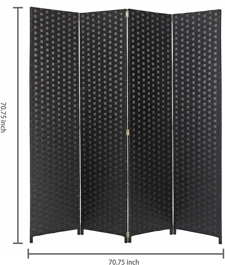 Black 4 Panel Hinged Room Divider, Woven Paper Rattan Privacy Screens-MyGift