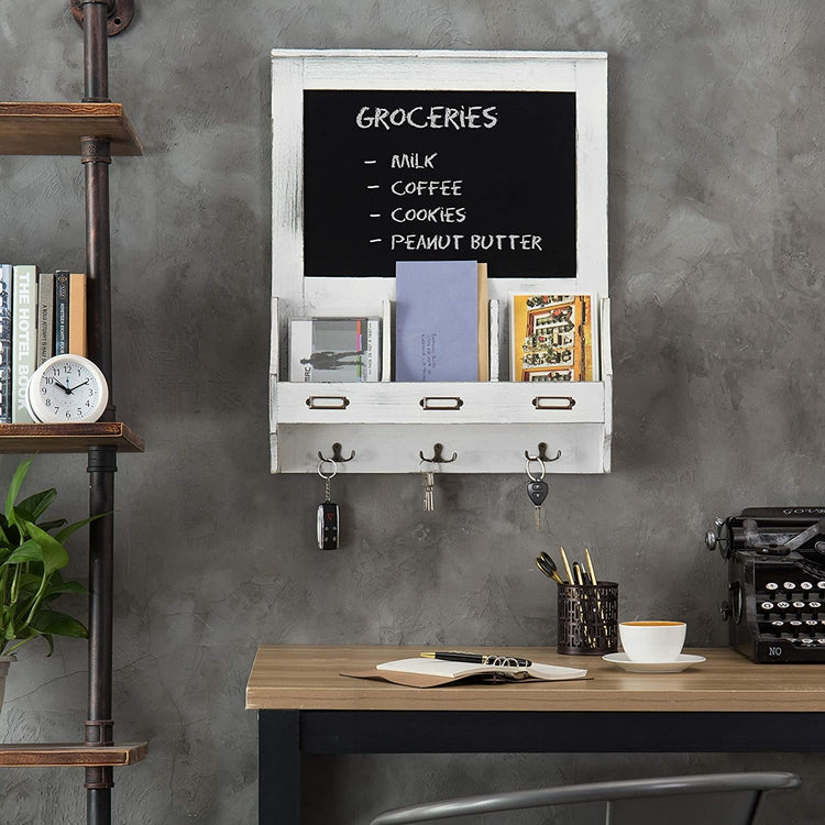 Vintage White Wood Wall-Mounted Mail Organizer with Chalkboard and Key Hooks-MyGift