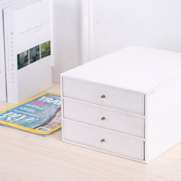 Executive 3-Drawer White Leatherette Office Filing Cabinet, Leatherette Jewelry Box-MyGift