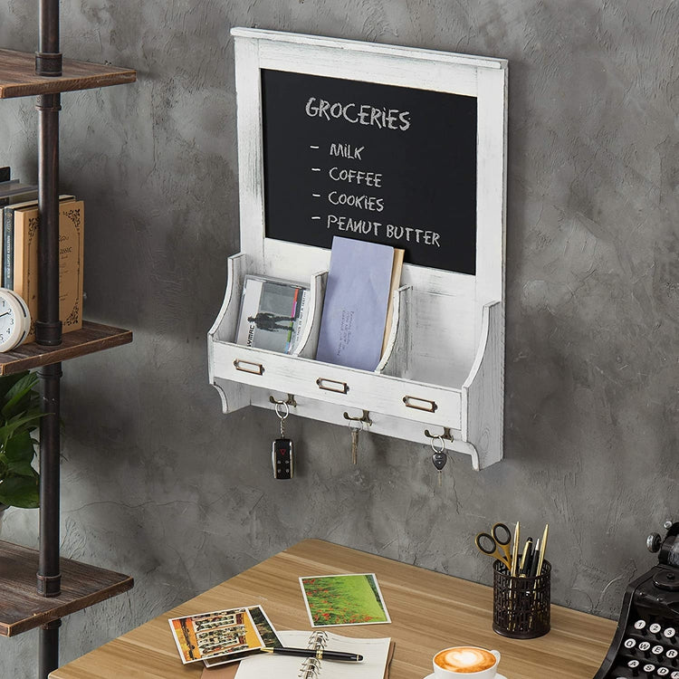 Vintage White Wood Wall-Mounted Mail Organizer with Chalkboard and Key Hooks-MyGift