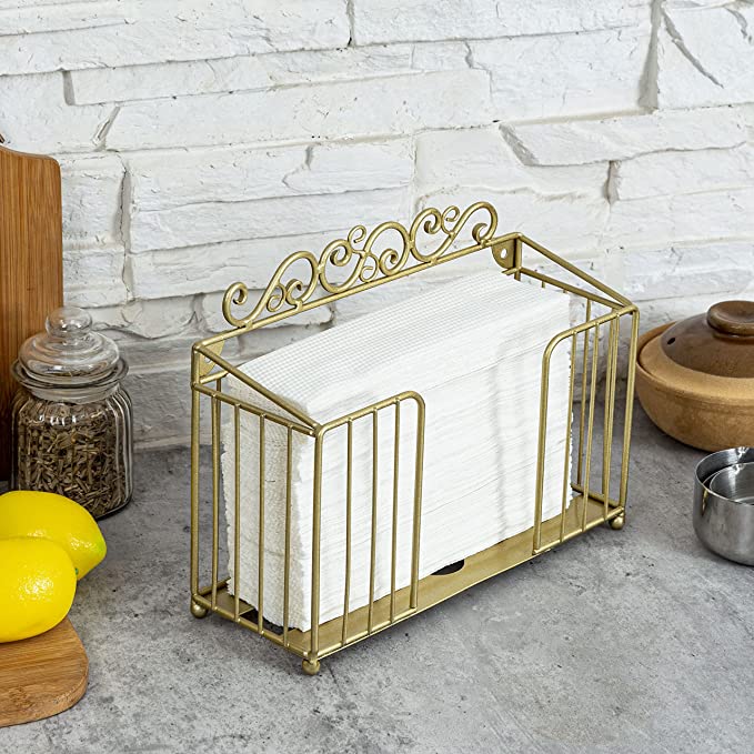 Brass Tone Metal Bathroom Paper Towel Holder with Scrollwork Design, Napkin Dispenser Rack-MyGift