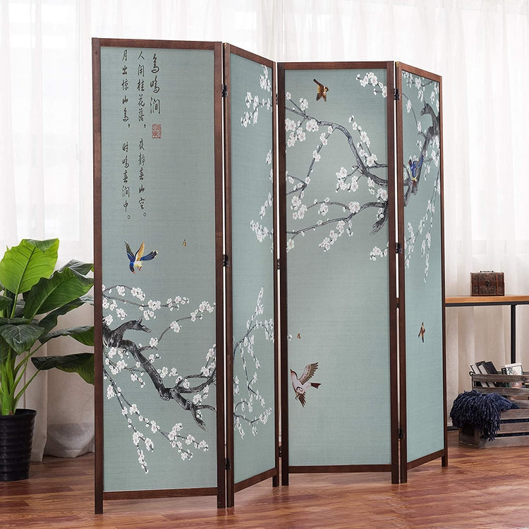 4-Panel Asian-Inspired Folding Room Divider with Cherry Blossom Tree, Bird Design Poetry Calligraphy, Brown Wood Frame-MyGift