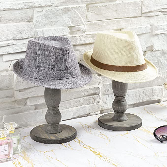 Weathered Gray Wood Hat Stand, Freestanding Tabletop Baseball Cap and Wig Holder Display Rack, Set of 2-MyGift