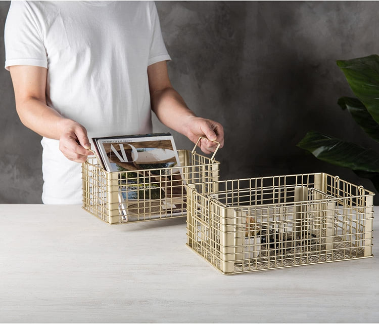Set of 3 Metal Wire Gold Tone Nesting Storage Baskets with Handles-MyGift
