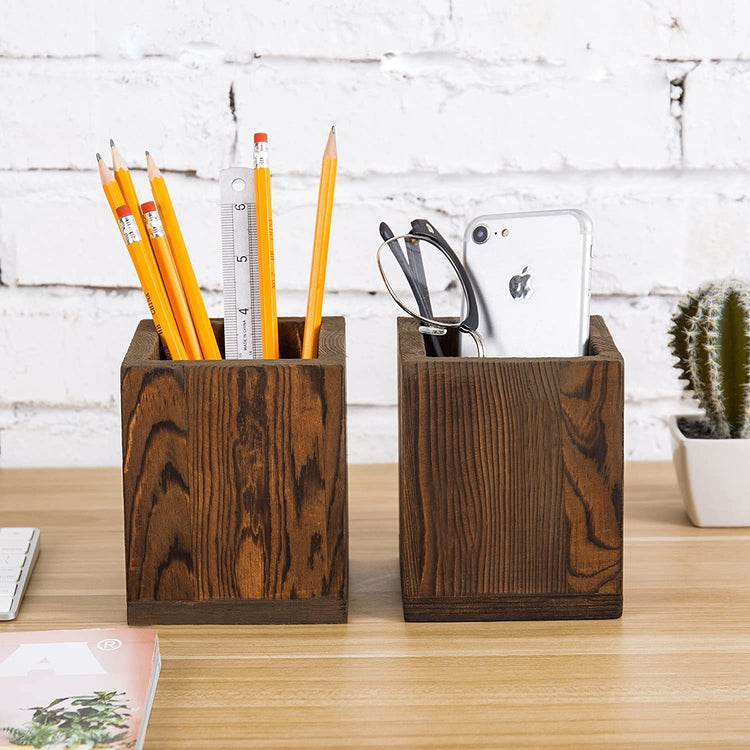 Set of 2, Natural Wood Desktop Pen & Pencil Holder Cups, Brown Office Supplies Organizer-MyGift