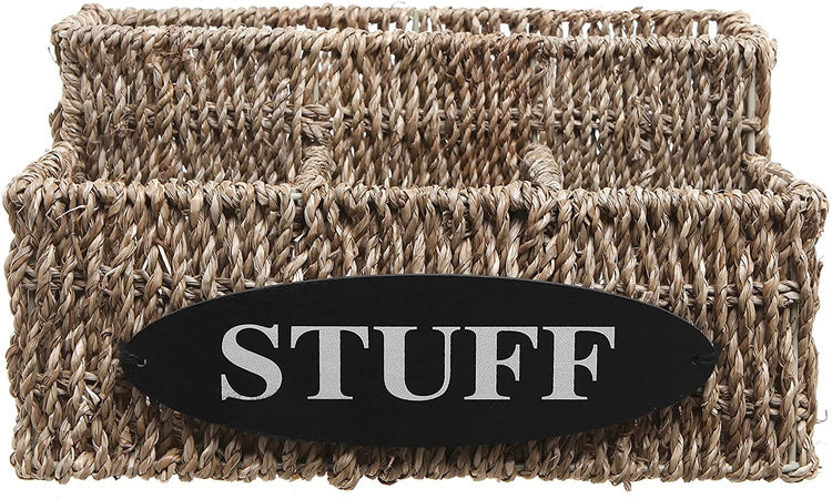 Beige Woven Seagrass Basket Organizer Shelf with 'STUFF' Letter Design, Desktop Multipurpose Storage Bin-MyGift