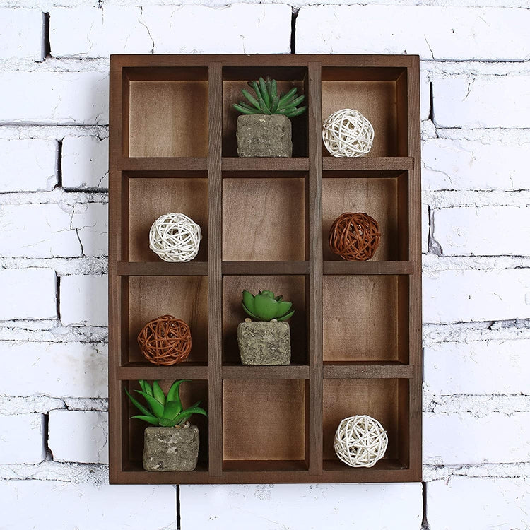 12 Compartment Freestanding or Wall Mounted Shadow Box, Brown Wood Display Shelf-MyGift