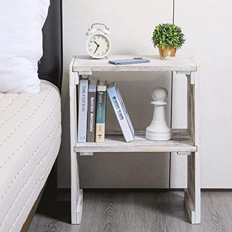 End Table with Storage Shelf, Farmhouse Whitewashed Wood Home Decor Side Table-MyGift