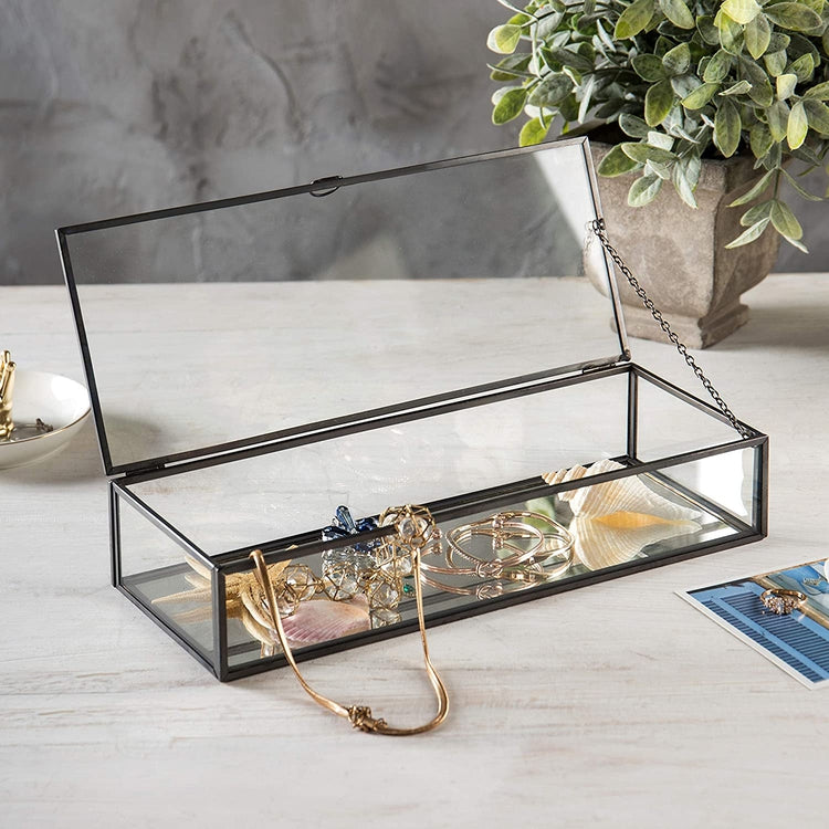 Vintage Style Black Metal & Clear Glass Mirrored Shadow Box Jewelry Display Case w/ Hinged Top Lid-MyGift