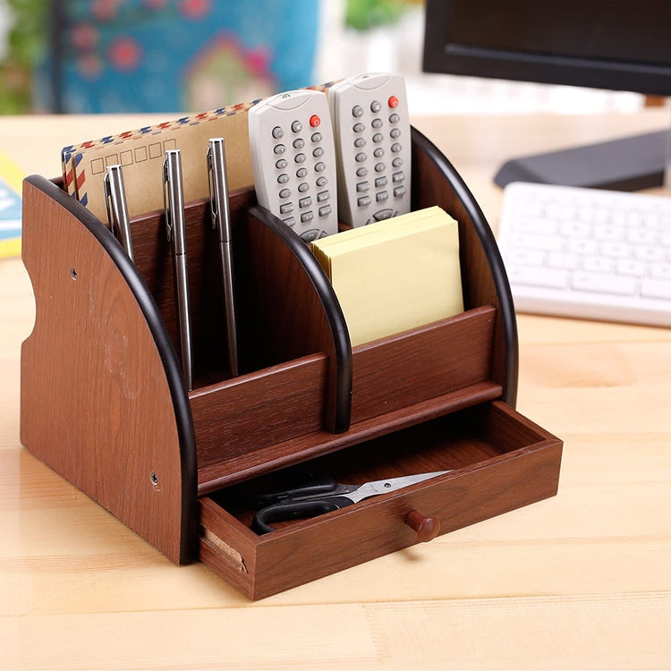 Black and Brown Wood Office Desk Organizer and Charging Station with 5-Compartments and Storage Drawer-MyGift