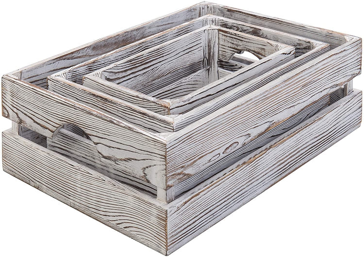 Set of 3, 16 x 12 Inch Nesting Rustic Whitewashed Wood Storage & Accent Crates-MyGift