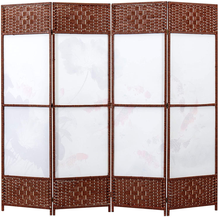 4 Panel Asian Koi Fish & Lotus Pond Woven Wood Room Divider-MyGift