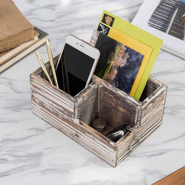 Torched Wood 3-Compartment Desktop Stationary Organizer, Remote Control and Media Storage Holder-MyGift