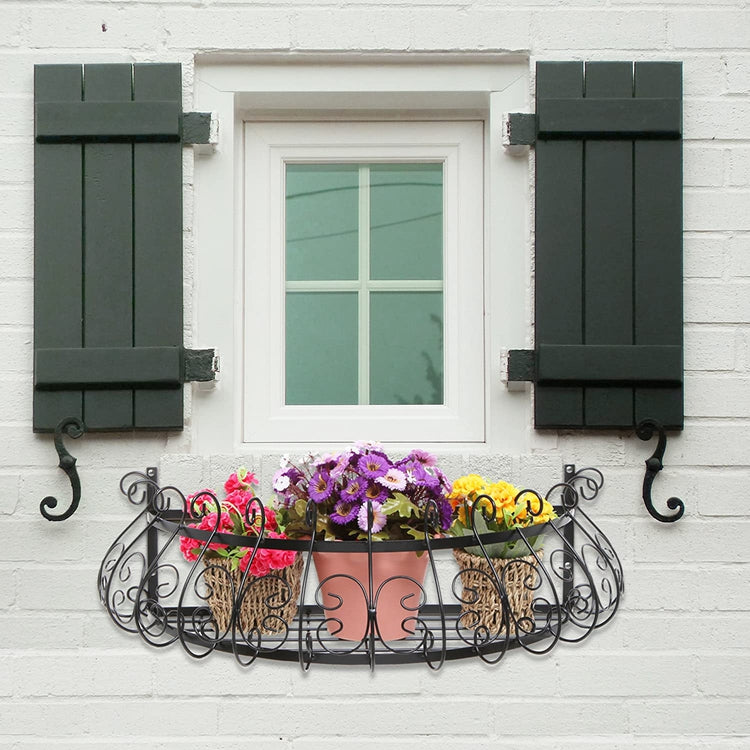 Black Metal Scrollwork Design, Wall Mounted Flower Plant Shelf, Decorative Window Box Planter-MyGift