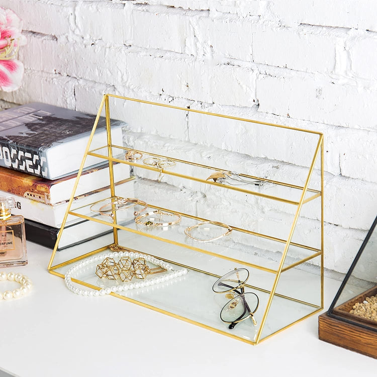 3-Tier Glass Jewelry Display Case with Gold-Tone Metal Frame-MyGift