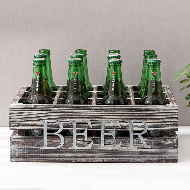 12 Slot Torched Wood Beer Bottle Crate, Beverage Carrier Caddy with Side Handles-MyGift
