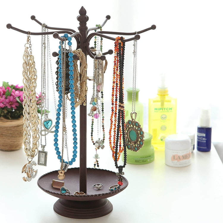 Brown 12 Hook Metal Jewelry Organizer Tree with Ring Dish Tray, Vintag