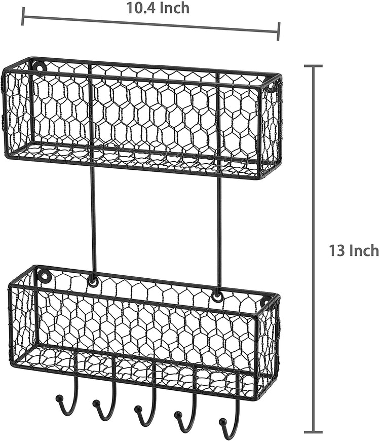 2 Tier Wall Mounted Black Metal Chicken Wire Hanging Baskets with 5 Key Hooks-MyGift