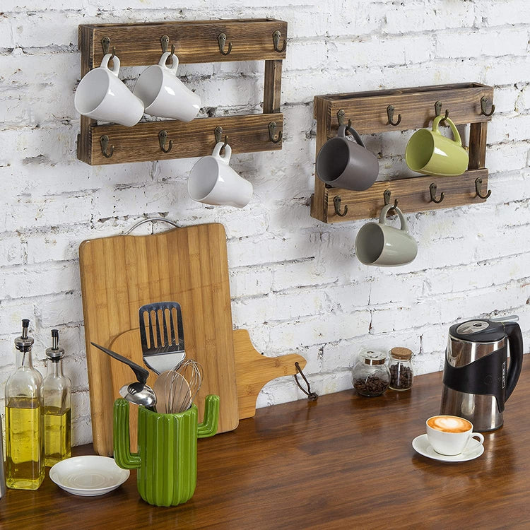 Set of 2 Wall-Mounted Burnt Wood 8 Hook Coffee Mug Hanging Racks, Mug Rack for Kitchen-MyGift