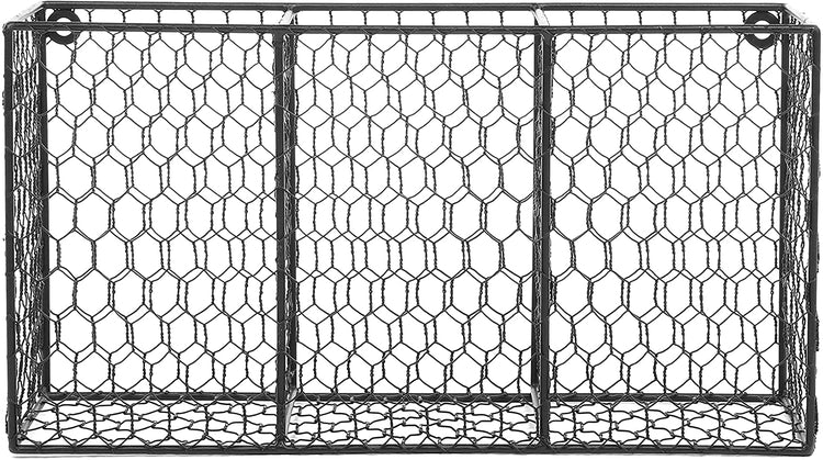 3 Compartment Black Rustic Chicken Wire Kitchen Utensil Holder Basket, Pantry Storage Rack-MyGift