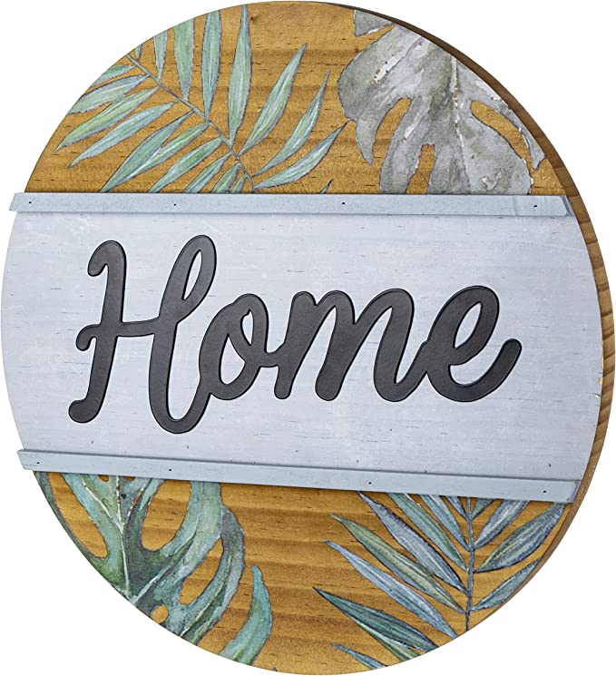 Shabby Chic Round Wooden Wall Hanging HOME Sign with Palm Leaf and Fern Design-MyGift